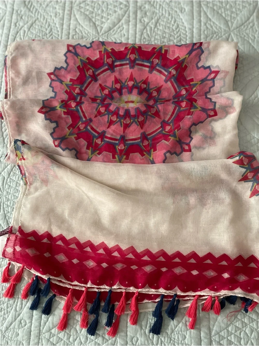 Large Intricate Semi-Sheer Pink Mandala Tassel Scarf APX 40
